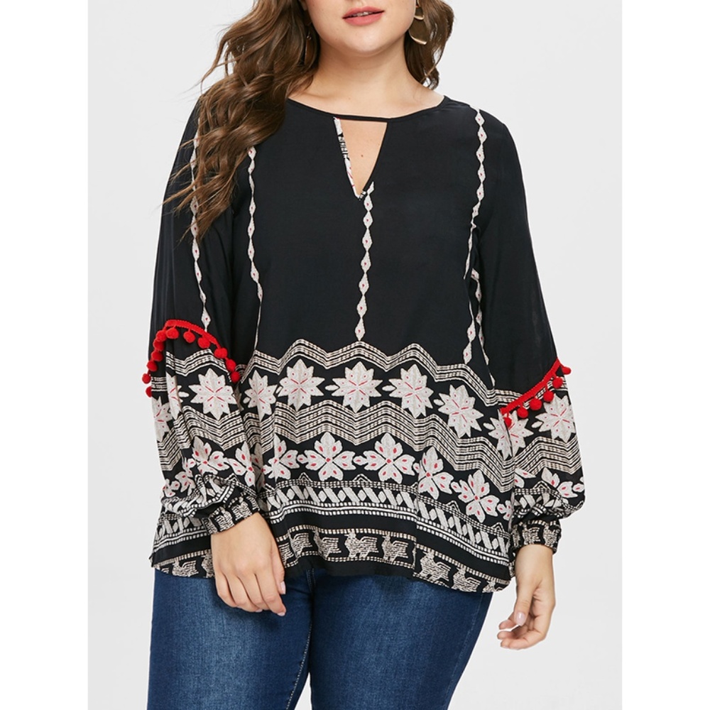 ☀ Plus Size  Keyhole Neck Boho Printed Blouse ☀
